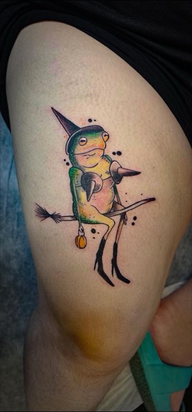 Witch Frog in High Heels on Broom