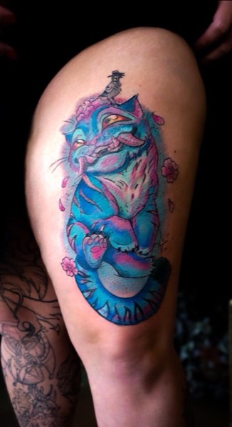 Neon Cheshire Cat Full Thigh Piece